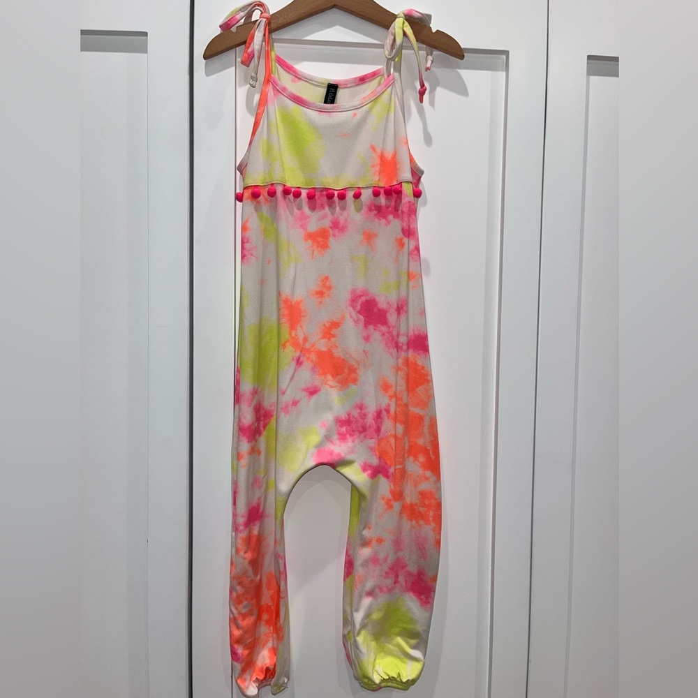 Pixie Lane pink, yellow, white, and orange tie cropped jumpsuit with Pom Poms